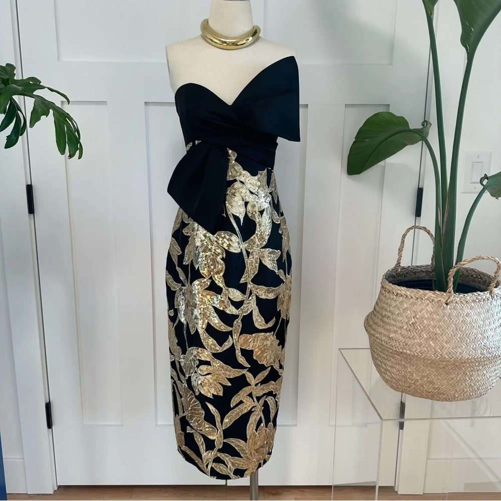 Marchesa Notte Lotus Black and Gold Sequin Dress - Picture 3 of 11